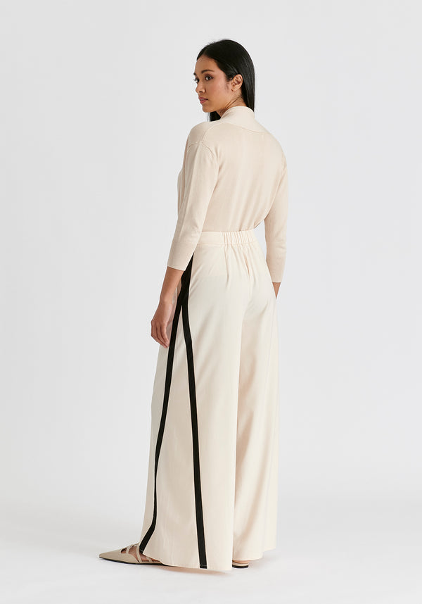 Contrast Trim Wide Leg Trousers in Beige and Black Back